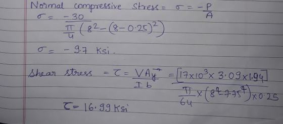 Normal compressive Stress === o=-P T(22-8-0-25) -30 2 -9.7 Ksi. Shear stress =<= v Ay ТЫ [17x102x 3.09x1942 11 x (849-254)xo