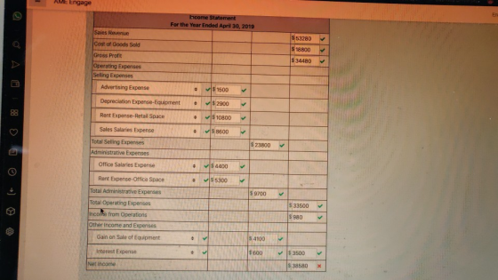 AME Engage Income Statement For the Year Ended April 30, 2019 $ 53280 $ 18800 Sales Revenue Cost of Goods Sold Gross Profit O