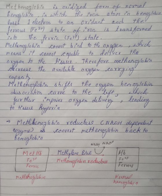 Met hemoglobin is oxidized form of normal hemoglobin, in which the iron atom in hemoglobin loses 1 electron to an oxidant and