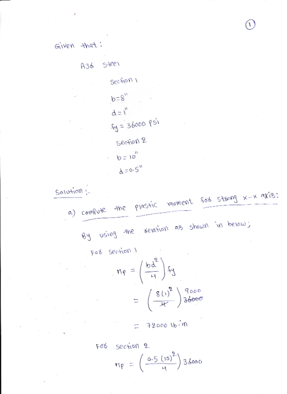 Given that: A36 Stee section 1 b=8 d=1 fy = 3600D psi Section 2 b=10 . d=0.5 Solution , for strong x-x axis: the plastic