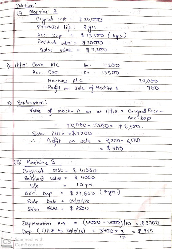 Solution: Machine A (A) ncot timtod ife&. Acc. Dep Rosidun uolure = 13,500(63) 200O Salon $3,200 :Cash Acc. Dep Alc 7200 0r M