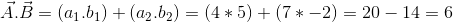 \vec{A}. \vec{B} =(a_{1}.b_{1})+(a_{2}.b_{2})=(4*5)+(7*-2)=20-14=6