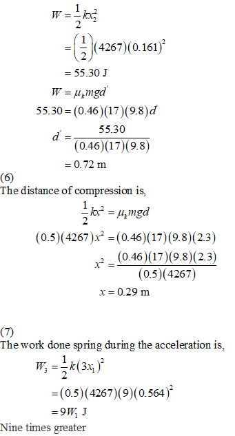 W = 1 kg = {)(4267)(0.161) = 55.30 W = umgd 55.30 = (0.46 (17) (9.8)d 55.30 (0.46)(17)(9.8) = 0.72 m (6) The distance of comp