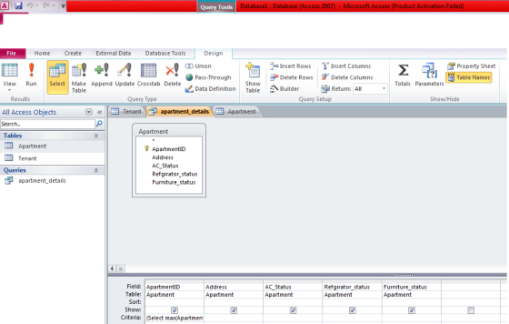 Query lools Databasel: Database (Access 2007) - Microsoft Access (Product Activation Fail File Home Create External Data Data