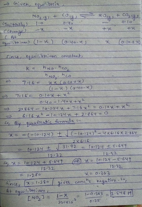 MIcar - Given, equilibria, No29) + Cogs (Initially) 1.0 0.40 (change) - -x -x ( At equilibrium) (1-1) (0.4o.n) o.10 + + x (0.