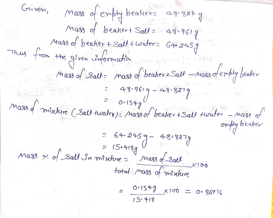 Given, 48.9619 the mass of embly beakers 4-8-8279 mass of beakert Salte Mass of beaker + Salt t water: 6402459 Thus from give
