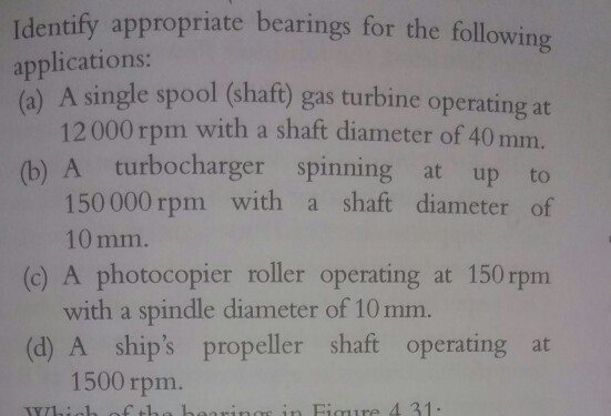 Identify appropriate bearings for the following applications: (a) A single spool (shaft) gas turbine operating at 12000 rpm w