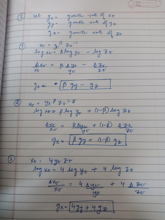 Date Page ДЕ XE ZE let gx = growth rate of XE gg. growth rate of ye I gz. growth rate of ZE хе - Вът log xe - Blog ye - log Z