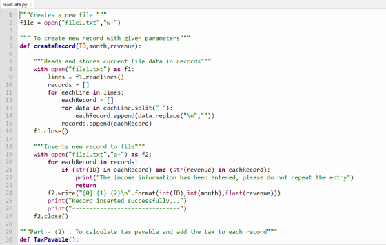 1 9 readData.py Creates a new file 2 file = open(file1.txt, w+) 3 4 To create new record with given parameters 5 de