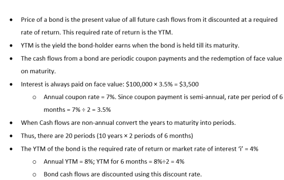 Price of a bond is the present value of all future cash flows from it discounted at a required rate of return. This required