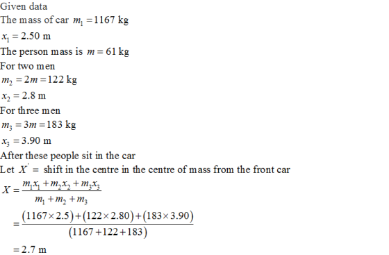 Given data The mass of car m -1167 kg x-2.50 nm The person mass is m- 61 kg For two men m 2 122 kg x2- 2.8 m For three men m-