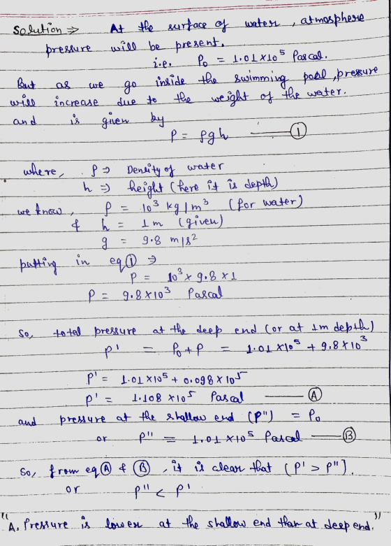 atmosphere we due to Solution ² At the surface of water pressure will be present, Po d.olx105 parcal. But go inside the swimm