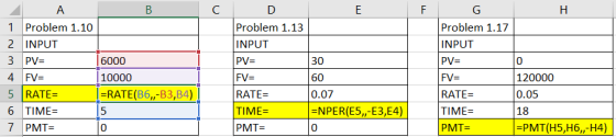 А B с F G H 1 Problem 1.10 2 INPUT 3 PV= 6000 4 FV= 10000 5 RATE= I=RATE(B6,-B3,B4) 6 TIME= 5 7 PMT= 0 0 D E Problem 1.13 INP