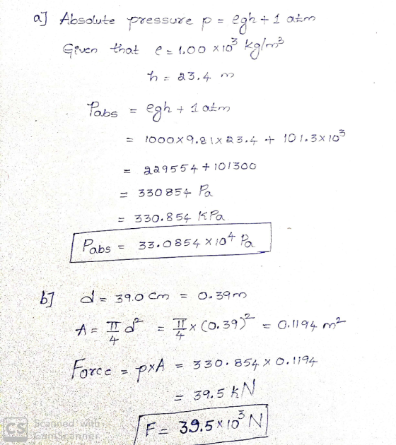 a Absolute pressure p = 2gh+ Gven that ha3.4 Pabs OOOX .8 Lx a3.4 + I01.3x 1O aa9554 f 101300 330 854 a 330.854 K Pa Pabs 33.