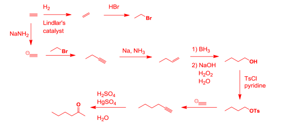 H2 HBr Br Lindlars NaNH2 catalyst Na, NH3 1) BH3 Br OH 2) NaOH H2O H2O TsC pyridine 2 H2SO4 HgSO4 OTs H20