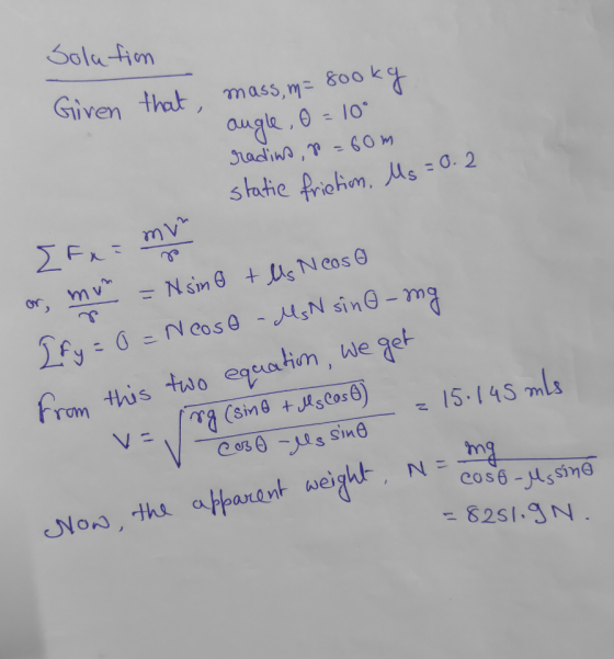 static friction, Ms = 0.2 Solution 800kg Given that, mass, ma augle, O=10 radins, p=60m mun or, mun I fx= = Nsina tlus Neos o