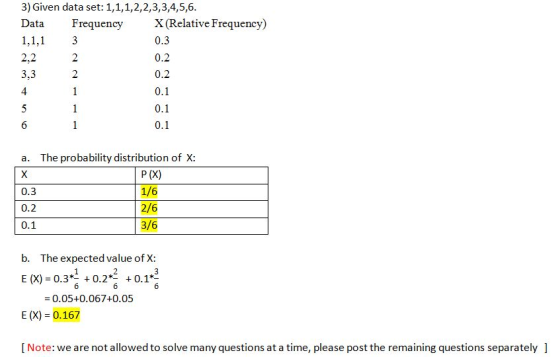 1,1,1 3) Given data set: 1,1,1,2,2,3,3,4,5,6. Data Frequency X (Relative Frequency) 0.3 2,2 2 3,3 2 4 1 0.1 0.1 a. The probab