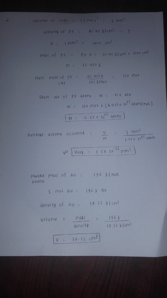 Volume ot (Ube (1 mm) 1 mm denuity of pt 214 91 cm 31000 m then mole of Pt lo mu n) then nNo of Pt atoms Nnx NA 2 S 66 otoms Avesage volume ocuvpied V 66x o5 atom 2 6 r4stas mass of AU Atomic 196 31 mot denvity of Av Volume= mass -1961 deruity 19 33 91am? 0 15 m