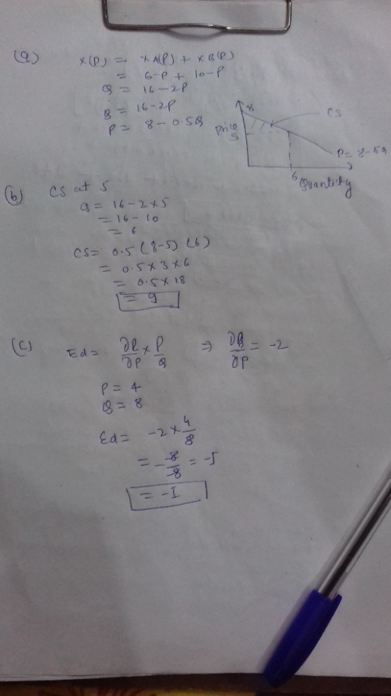 e) X = - 8 = 10 - X ALP+XB (P) 6-pt lo-p 16-2P 16-20 p= 8-0.59 Price Quantity (6) Cs at 5 a = 16-2x5 16 - 10 cs= 0.5(8-5) (6)