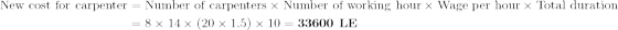 \begin{aligned}\textup{New cost for carpenter}&=\textup{Number of carpenters}\times \textup{Number of working hour}\times \textup{Wage per hour} \times \textup{Total duration}\\\textup{ }&=8\times 14\times (20\times 1.5)\times 10=\textbf{33600\textup{ LE}}\end{aligned}