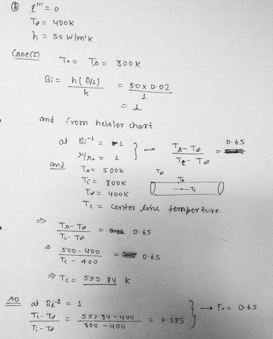 – о To = ЧТОК ь = 50 W/m²K Cape (I) То — To = Jook Bi= h (0/2) k = Sох б-02 1 — and from heisler chart at В;- о: 65 4 and т