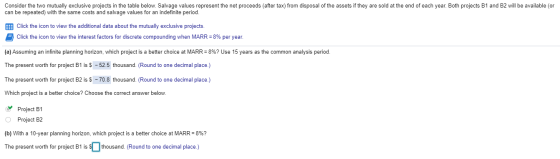 Consider the two mutually exclusive projects in the table below. Salvage values represent the net proceeds (after tax) from d