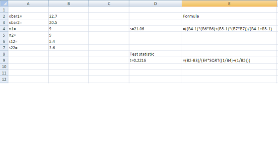 1 Formula 22.7 20.5 9 s=21.06 2 xbaris 3 xbar2= 4 n1= 5 n2= s12= 7 s22= =((B4-1)*(B6*36)+(B5-1)*(B7*B7))/(B4-1+85-1) Test sta