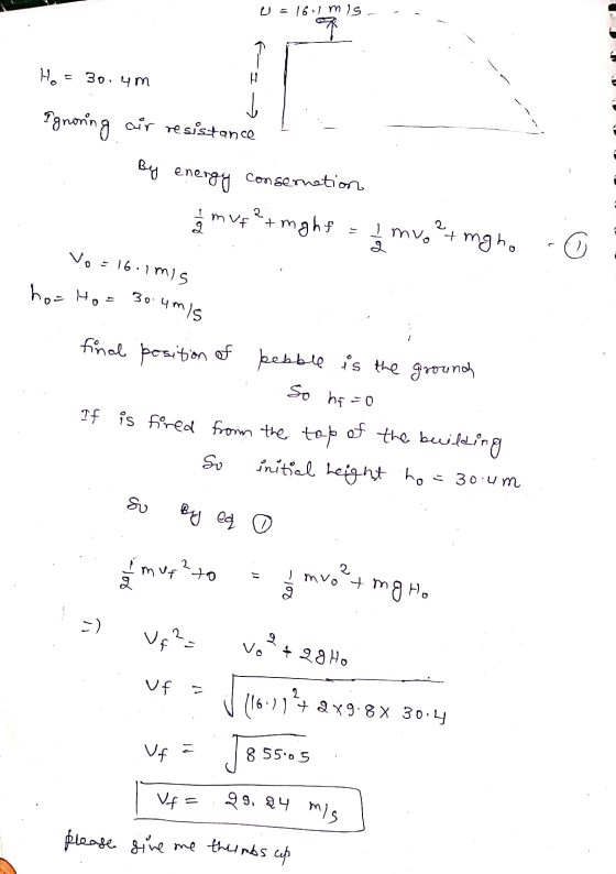 Ho = 30.4m a f-Io Ignoring I :- air resistance I By energy consernation muf+mght = mvo?+ mg ho 0 Vo=16.imis hou. Ho = 30.4m/s