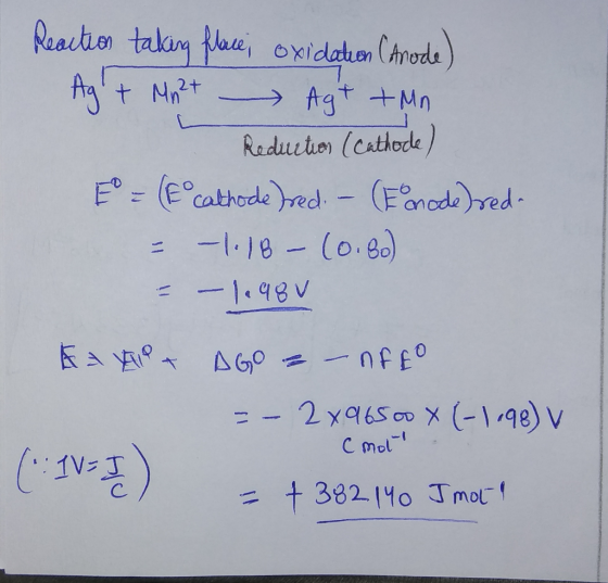 aacton talin ae oxidaton (hrods Ay + Mn2t Agt +Mn Reduetior (cathode E- Ecathode)red (Foncd)red -/8-(0.80) -198V EAVOT -nfEo