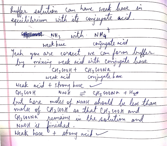Buffer solution can have weak hase in equilibrium with its conjugate acid. I NH3 with NHA I weak base conjugate neid Yeah you