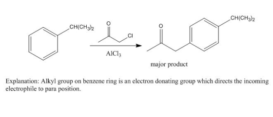 CH(CH3)2 CH(CH32 AICl major product Explanation: Alkyl group on benzene ring is an electron donating group which directs the