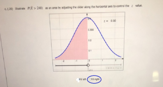 c(20) Dlustrate P>240) as an area by adjusting the sider along the horizontal axis to contral the z value 0.00 0 300 0.2 Fill leftFill right