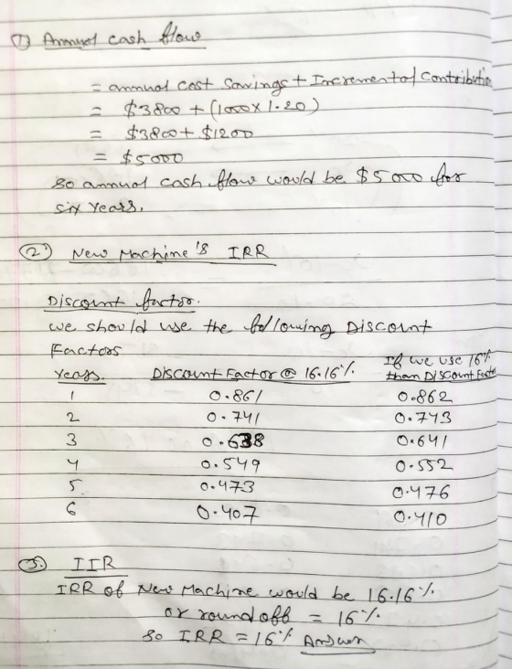 D Annyol cash flow commnal cost savings + Incremento contribution 2 $3800 + (lavex 1.20) = $3800+ $1200 = $5000 So annual cas