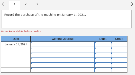 < 1 2 3 Record the purchase of the machine on January 1, 2021. Note: Enter debits before credits. Date General Journal Debit