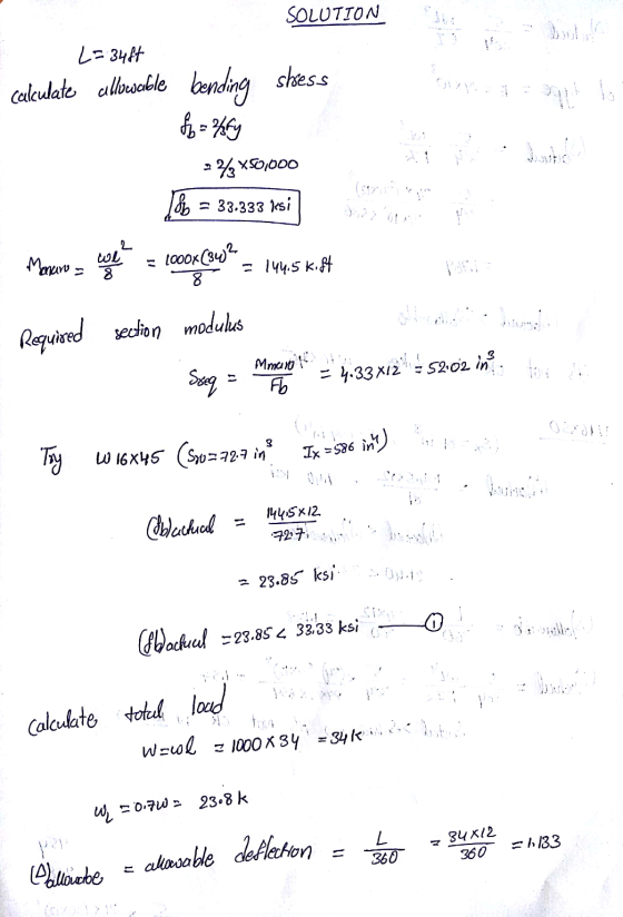 SOLUTION L= 34ft calculate allowsable bending shoess buna rau h = /fy 223x50,000 186 = 33.333 kesi Maneno = wel 1000x(3402 =
