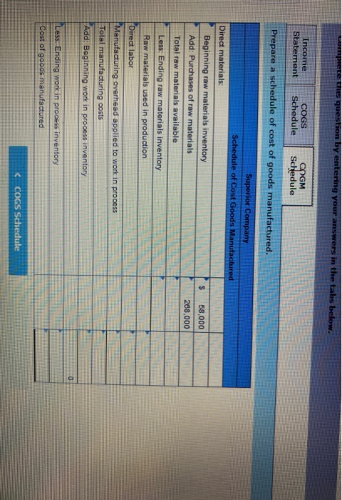 comprese this question by entering your answers in the tabs below. Income Statement COGS Schedule COGM Schedule Prepare a sch