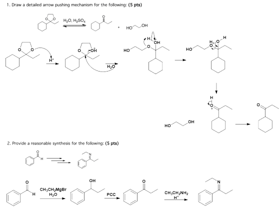 1. Draw a detailed arrow pushing mechanism for the following: (5 pts) H20, H2SO Он но Он COH но но Hао Он но 2. Provide a rea