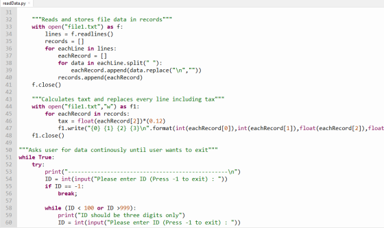 readData.py 31 32 Reads and stores file data in records. 33 with open(file1.txt) as f: 34 lines = f.readlines() 35 record