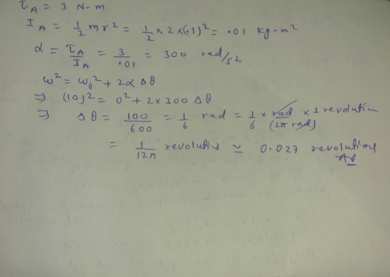 TA= 3 Nom I AF Imr2= 1x2 (61) 2 = .01 Kg -m L = TA = 3 = 300 rad/2. 01 w? = W2+ 22 AO (1032 - 0²+2x300 od I so= 100 a = I rad