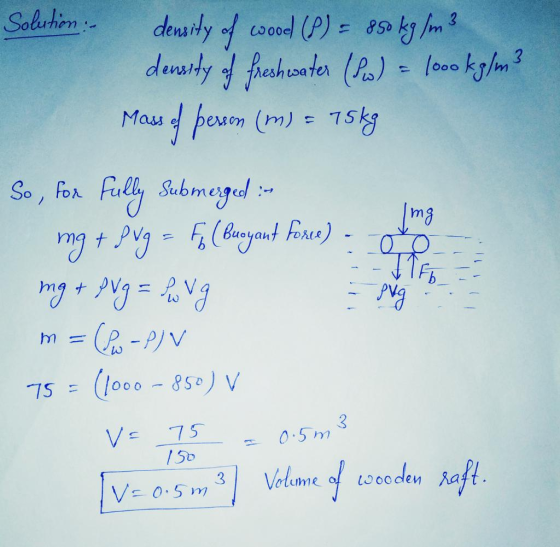 Solution : - density of wood (P) = 850 kg /m? density of freshwater (ſw) = 1000 kg/m3 Mass of person (m) = 15kg So, for fully