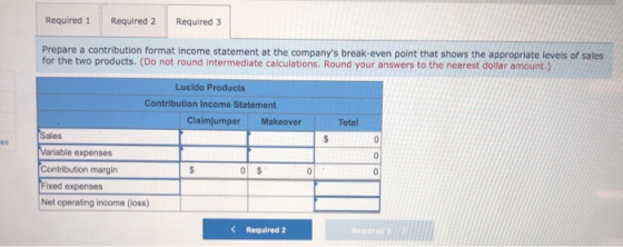 Required 1 Required 2 Required 3 Prepare a contribution format income statement at the companys break-even point that shows