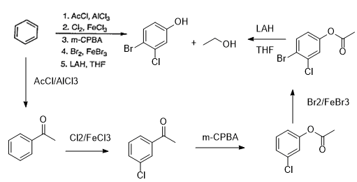 1. ACCI, AICI 2. Cl, Fech 3. m-CPBA LAH + OH 4. Bra. FeBr Bry THE 5. LAH, THF AcCl/AICI3 Br2/FeBr3 C12/FeCl3 m-CPBA