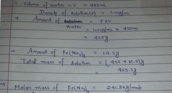 Volume of waten = V = 45smL 1.0/mL Density of solution (e) Amount of &ubun PXV water 1009/mL X 455mL 11 4s53 Amount of Fe(No3