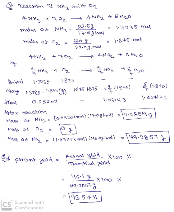 a reaction of NH3 with or 4 NH3 + 702 4NO2 + 6H2O males of NH₃ = 22.5g = 113235 mal males of O2 = 60.0 g = 1875 mal 32.gimal