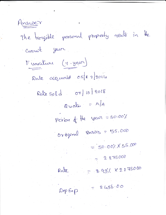 in the Answer the tangible personal property assets Current year Furniture (1-year) Dale acquered osta 2/20142 Date sold off
