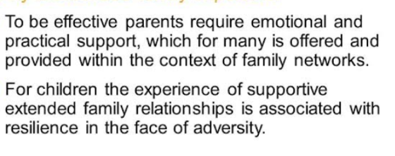 To be effective parents require emotional and practical support, which for many is offered and provided within the context of