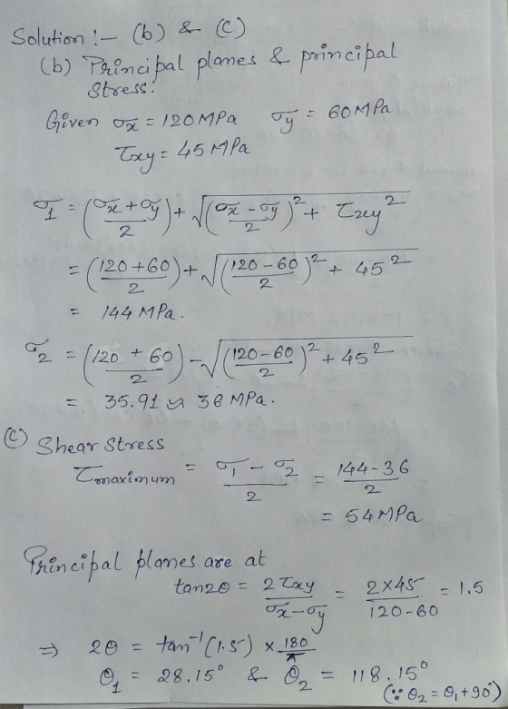 Solution! – (6) & (C) (6) Principal planes & principal Stress Given x = 120 MPa Txy= 45 MPa y = 60MPa 2 x + y + ox + 2 2 Trey