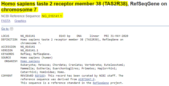 Homo sapiens taste 2 receptor member 38 (TAS2R38), RefSeqGene on chromosome 7 NCBI Reference Sequence: NG_016141.1 FASTA Grap