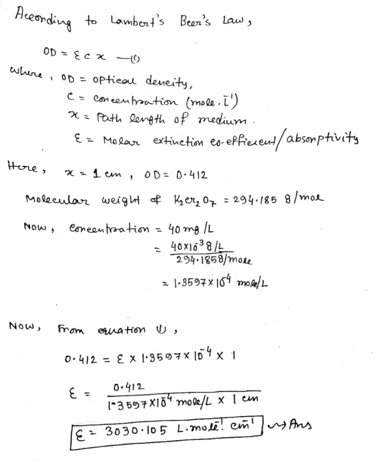 Acearding to Lamberts Bears Law, OD E c x wune OD optieou deneity, C Con eenhation (mole .L) Fath Qegth of medium MoRar ex