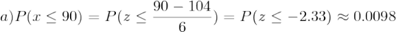 90 - 104 a)P(x < 90) = P(254 0%) = P(Z < -2.33) ~ 0.0098